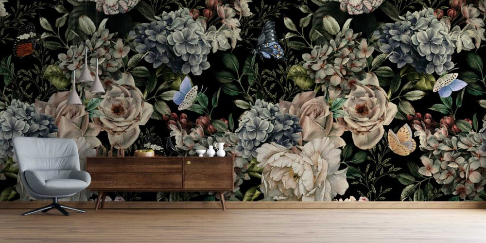 Dark Flowers With Butterflies Design BWSH1166