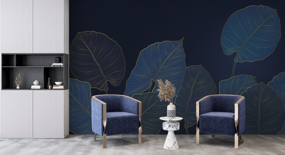 Blue And Gold Leaves Design BWMUR8111