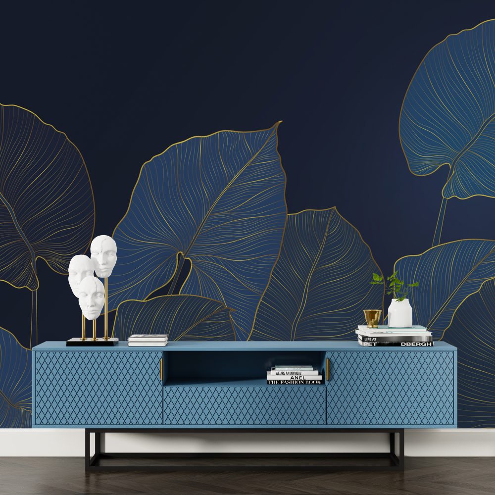 Blue And Gold Leaves Design BWMUR8111