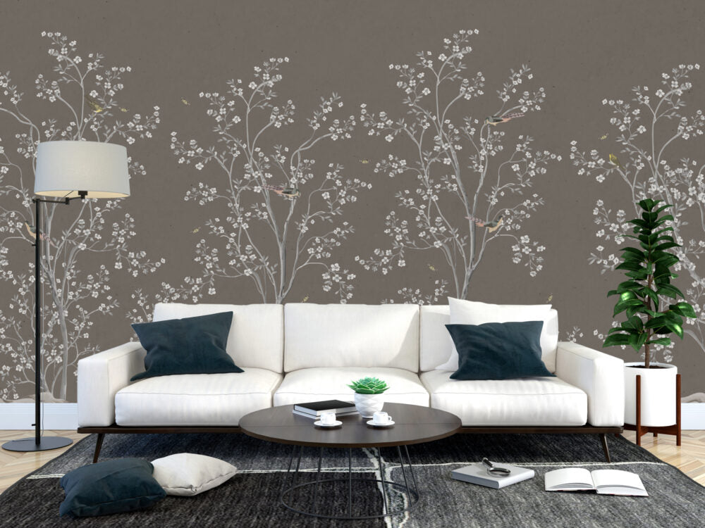 Trees With Birds Grey Design BWMUR8106