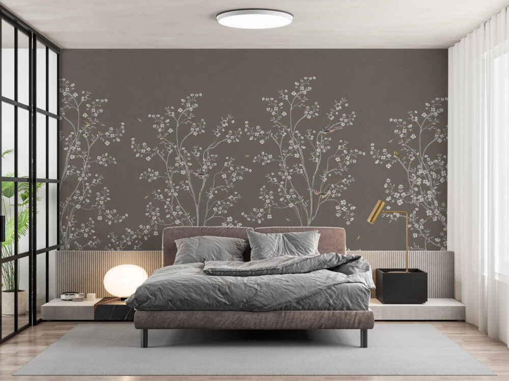 Trees With Birds Grey Design BWMUR8106