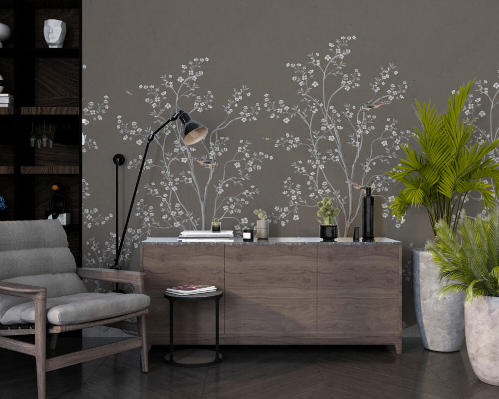 Trees With Birds Grey Design BWMUR8106