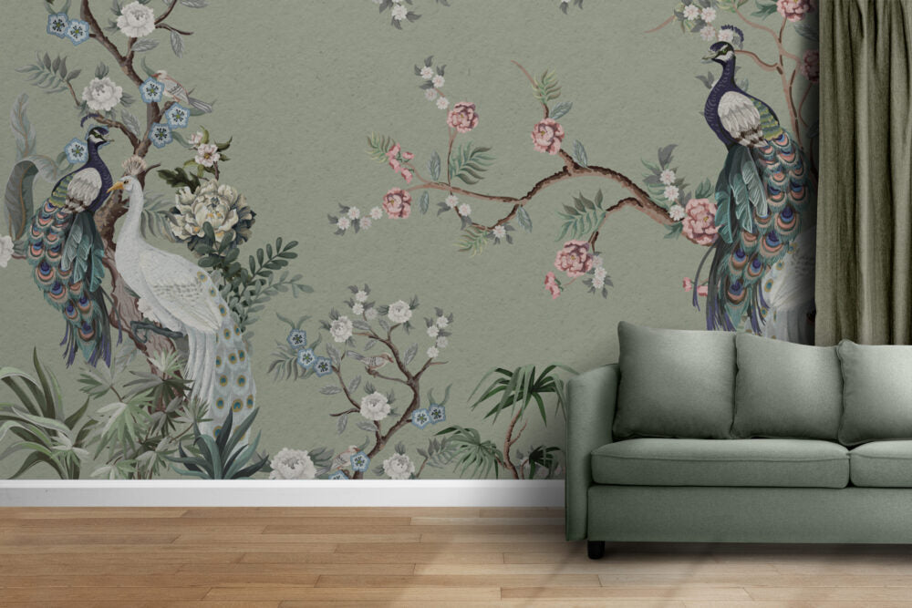 Green Peacocks With Flowers Design BWMUR8048-Y