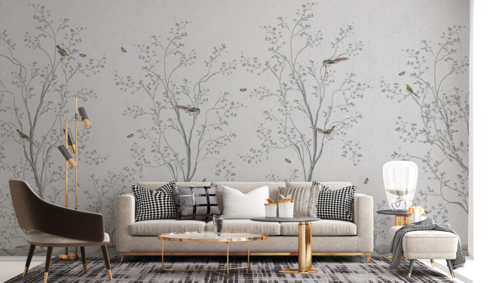Trees With Birds White Design BWMUR8106-G