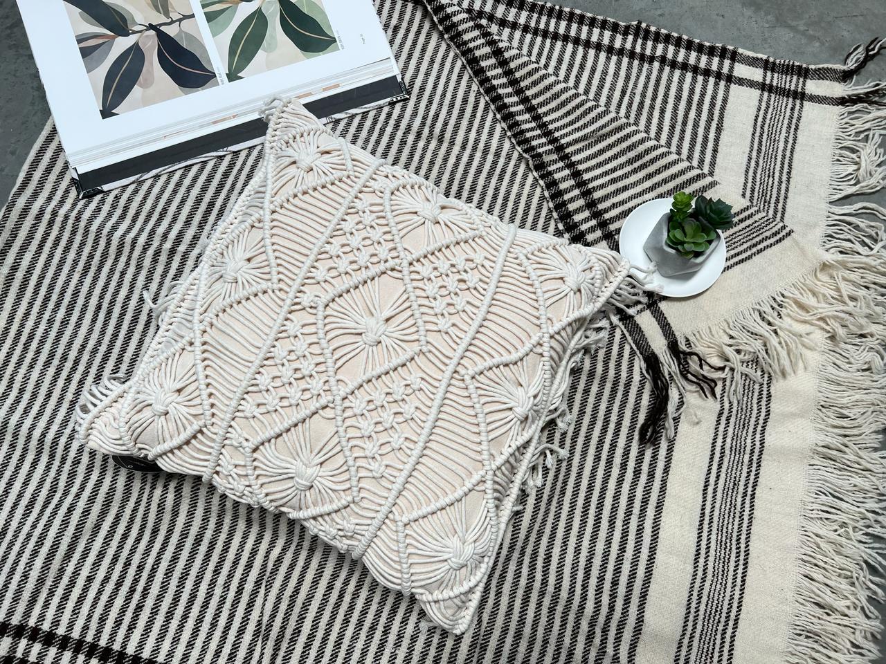 Cover Decorative Pillow Macrame Beige Handwoven