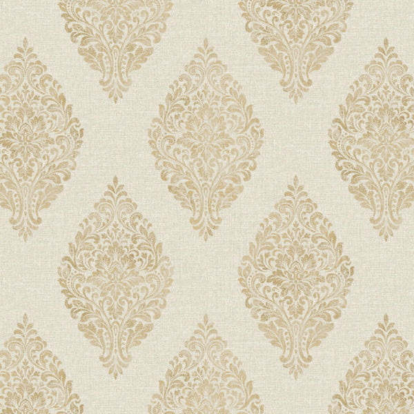 Linen Medallion Damask Warm Beige/Gold - 25043