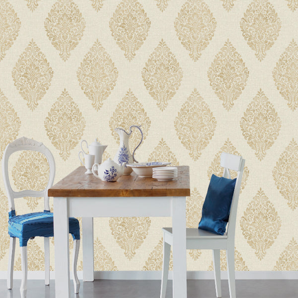 Linen Medallion Damask Warm Beige/Gold - 25043