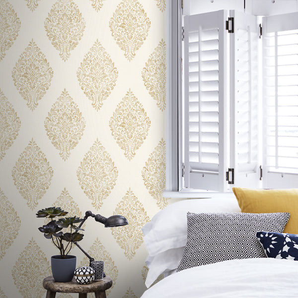 Linen Medallion Damask White/Gold - 25042