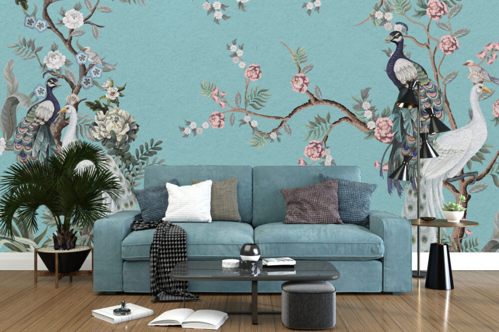 Blue Peacocks With Flowers Design BWMUR8048-T