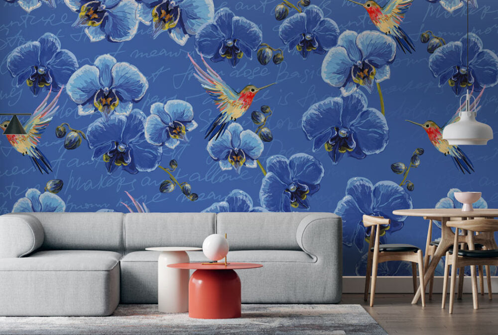 Blue Flowers With Birds Design BWMUR6109