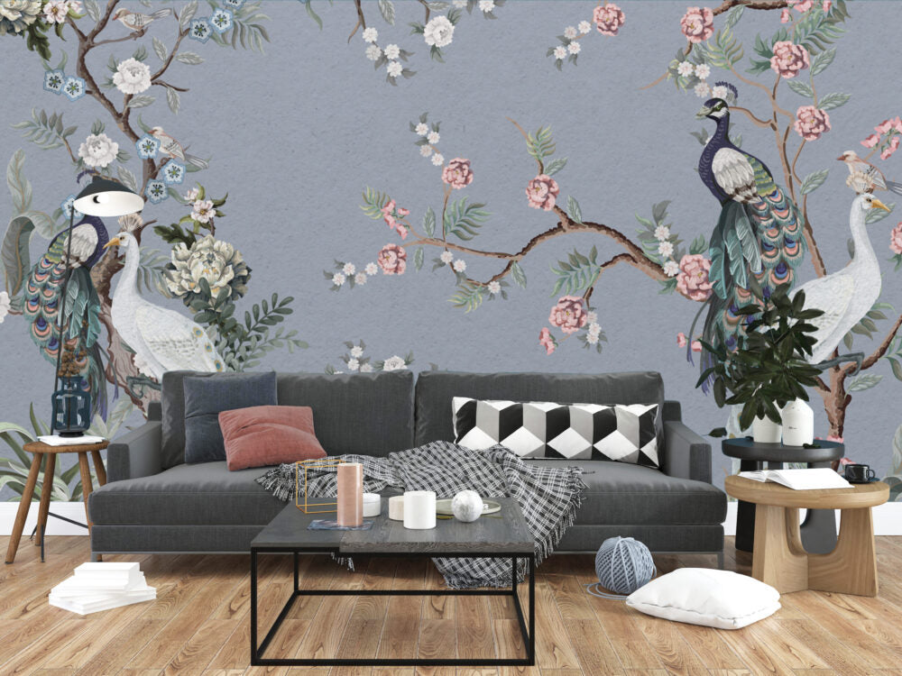 Grey Peacocks With Flowers Design BWMUR8048-E