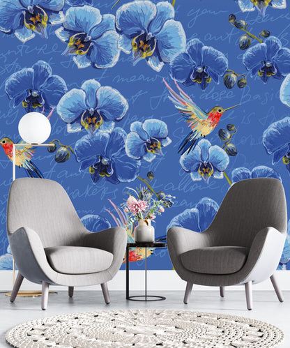 Blue Flowers With Birds Design BWMUR6109