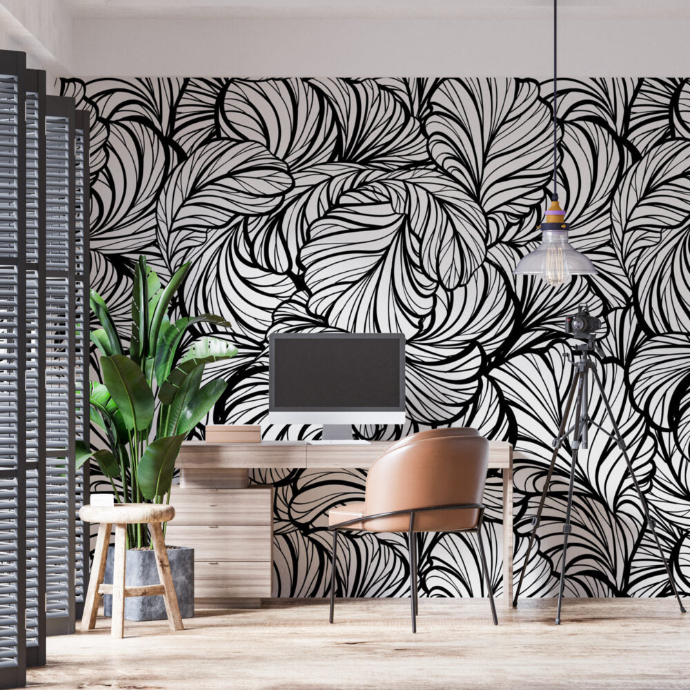 Black And White Leaves Design BWMUR8093