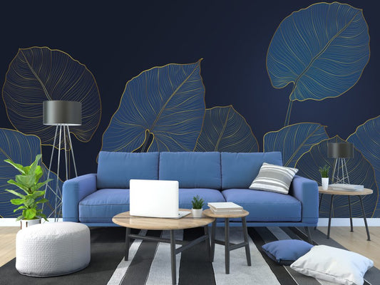 Blue And Gold Leaves Design BWMUR8111