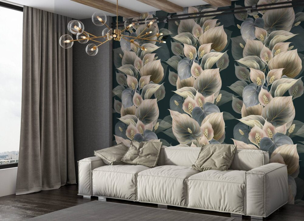 Beige And Grey Leaves Design BWMUR5007