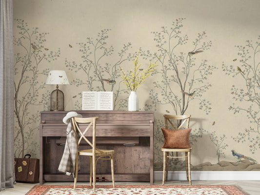 Trees With Birds Beige Design BWMUR8106-C