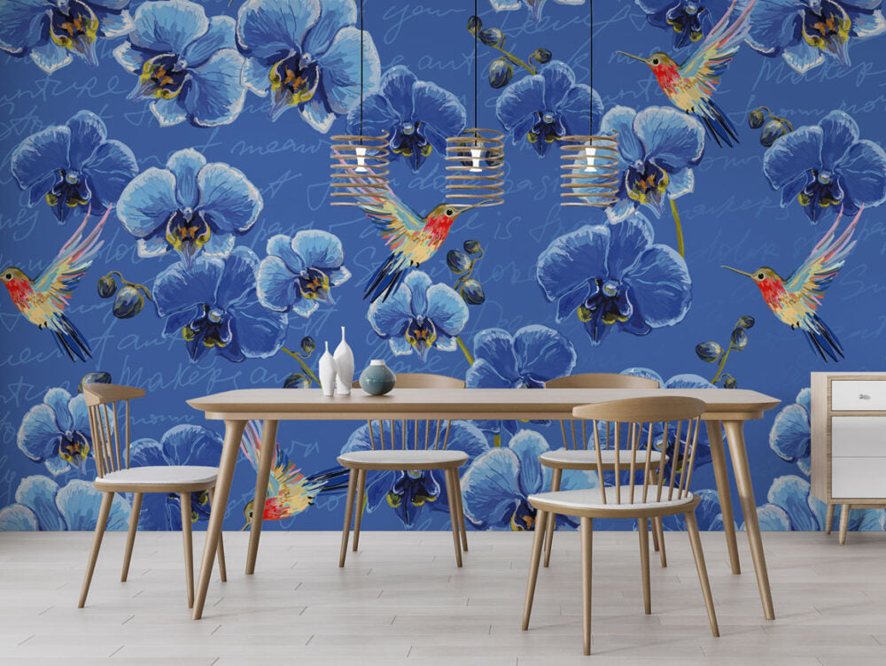 Blue Flowers With Birds Design BWMUR6109