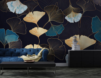 Blue And Gold Leaves Design BWMUR6131