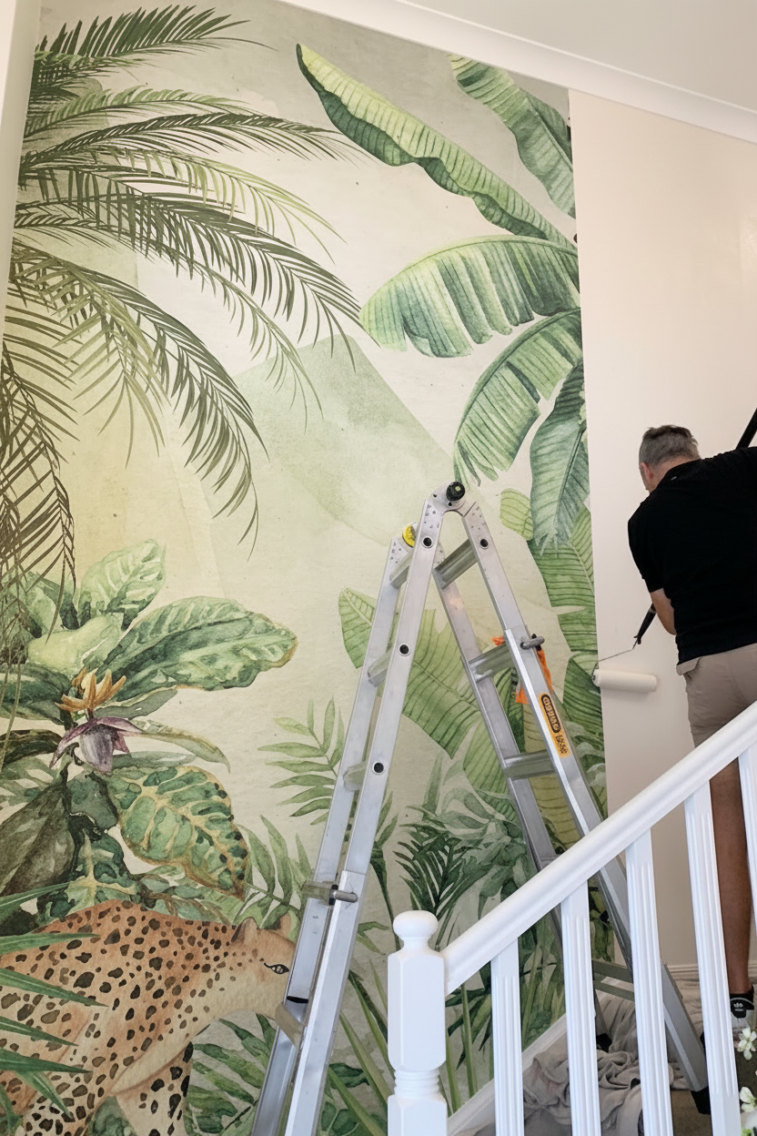 Person applying tropical leaf wallpaper to a wall with a ladder on the Gold Coast